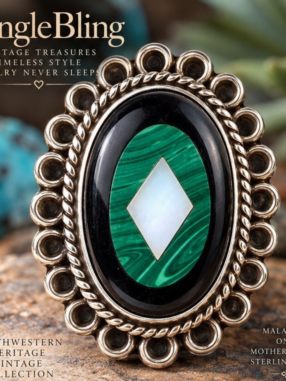 Vintage Mexico 925 Sterling Malachite Onyx MOP CM Statement Ring 7.5